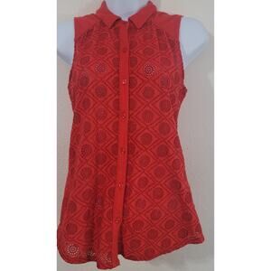 Lucky Brand Red Eyelet Front Bodice Button Up Sleeveless Shirt XS Slub Knit Soft